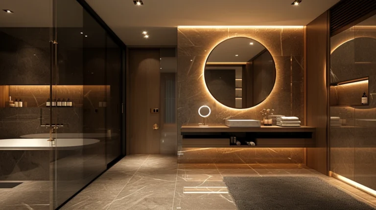 circle mirror in luxury bathroom