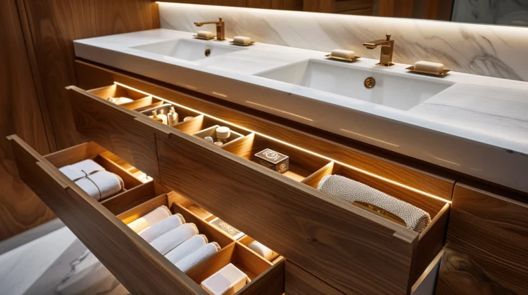 Luxurious Bathroom Designs wooden pull out draws with towels